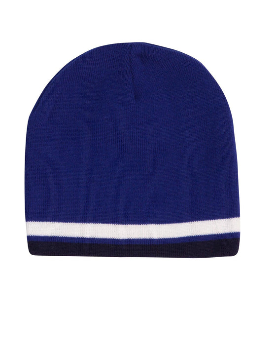 Knitted 100% acrylic contrast stripes beanie - madhats.com.au