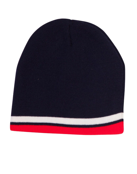 Knitted 100% acrylic contrast stripes beanie - madhats.com.au