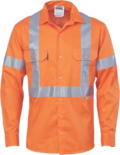 Hivis cool-breeze cotton shirt with double hoop on arms & 'X' back CSR R/tape - long sleeve - kustomteamwear.com