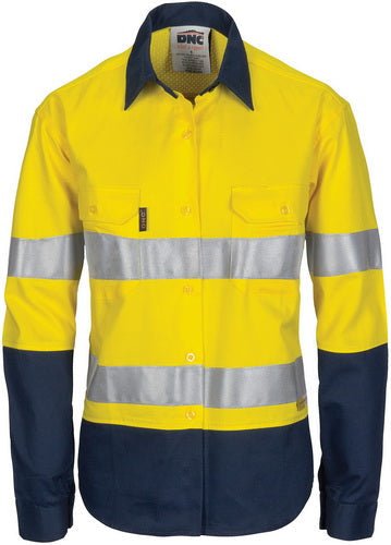 Ladies HiVis 3 Way Cool-Breeze Cotton Shirt with Gusset Sleeve, 3M R/Tape - Long Sleeve. - kustomteamwear.com