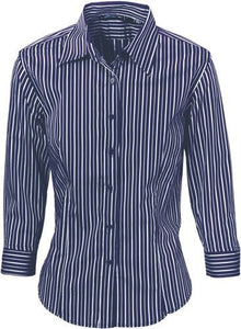  Ladies Stretch Yarn Dyed Contrast Stripe Sh irts - 3/4 Sleeve - kustomteamwear.com