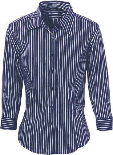 Ladies Stretch Yarn Dyed Contrast Stripe Sh irts - 3/4 Sleeve - kustomteamwear.com