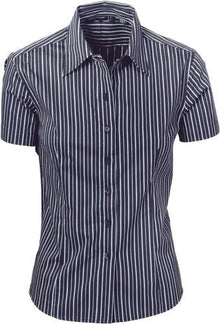  Ladies Stretch Yarn Dyed Contrast Stripe Sh irts -Short Sleeve - kustomteamwear.com