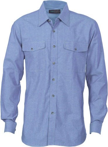 Mens Twin Flap Pocket Cotton Chambray - Long Sleeve - kustomteamwear.com